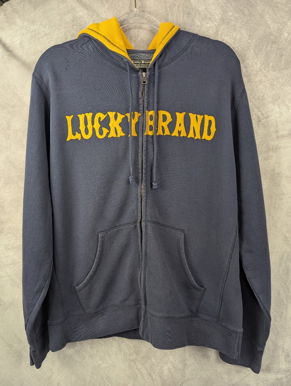 Lucky Brand XL Vintage Inspired Varsity Full Zip Hoodie Blue Yellow 13